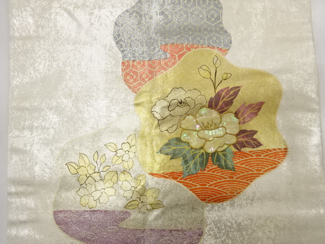 アンティーク　引箔螺鈿　牡丹に桜模様名古屋帯